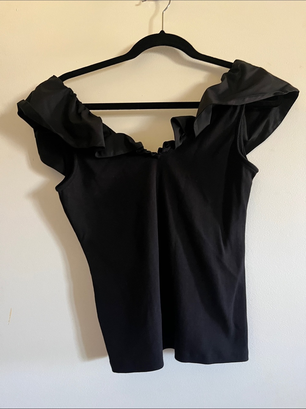 White House Black Market Black Ruffle Off-Shoulder Camisole